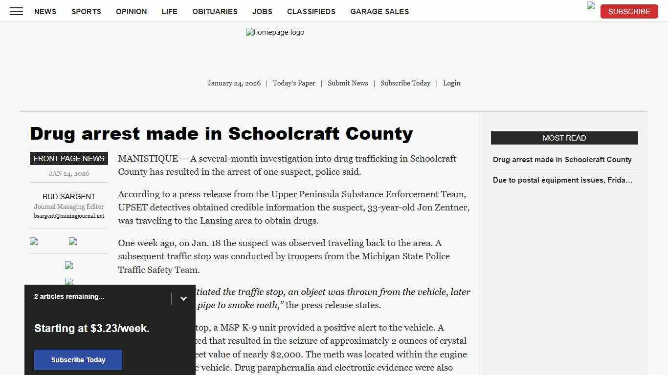 Drug arrest made in Schoolcraft County News, Sports, Jobs - The Mining Journal